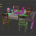Wooden Dining Table With Four Chairs Tablecloth Clay Pot Candles Wine Glasses And Fruits