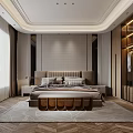 Elegant Modern Bedroom Interior With Upholstered Headboard Plush Pillows And Wooden Nightstand