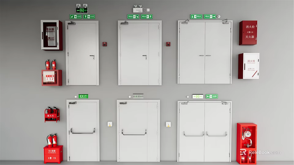 Grey Fire Doors With Red Fire Equipment And Green Emergency Exit Signs 3d model 