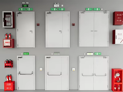 Grey Fire Doors With Red Fire Equipment And Green Emergency Exit Signs 3d model