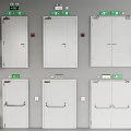 Grey Fire Doors With Red Fire Equipment And Green Emergency Exit Signs