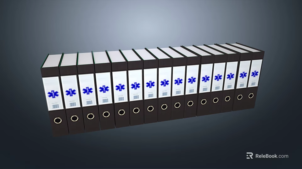 Organized Black File Folders With White Labels And Blue Symbols Arranged In Row 3d model 