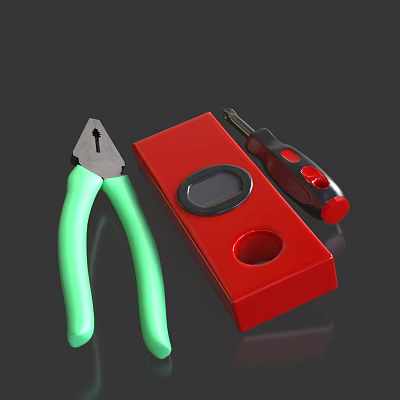 Set of Hardware Tools Featuring Green Handle Pliers Red Tool Case And Red Button Screwdriver 3d model