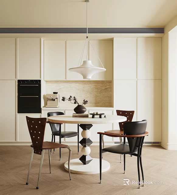 Elegant Modern Restaurant Interior With Round Dining Table Different Design Chairs And White Pendant Light 3d model