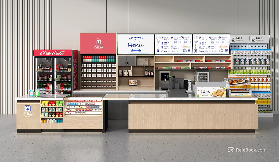 Organized Convenience Store Interior With Shelves Drinks Counter And Snacks 3d model 