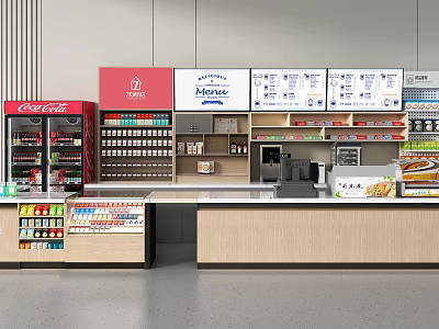 Organized Convenience Store Interior With Shelves Drinks Counter And Snacks 3d model