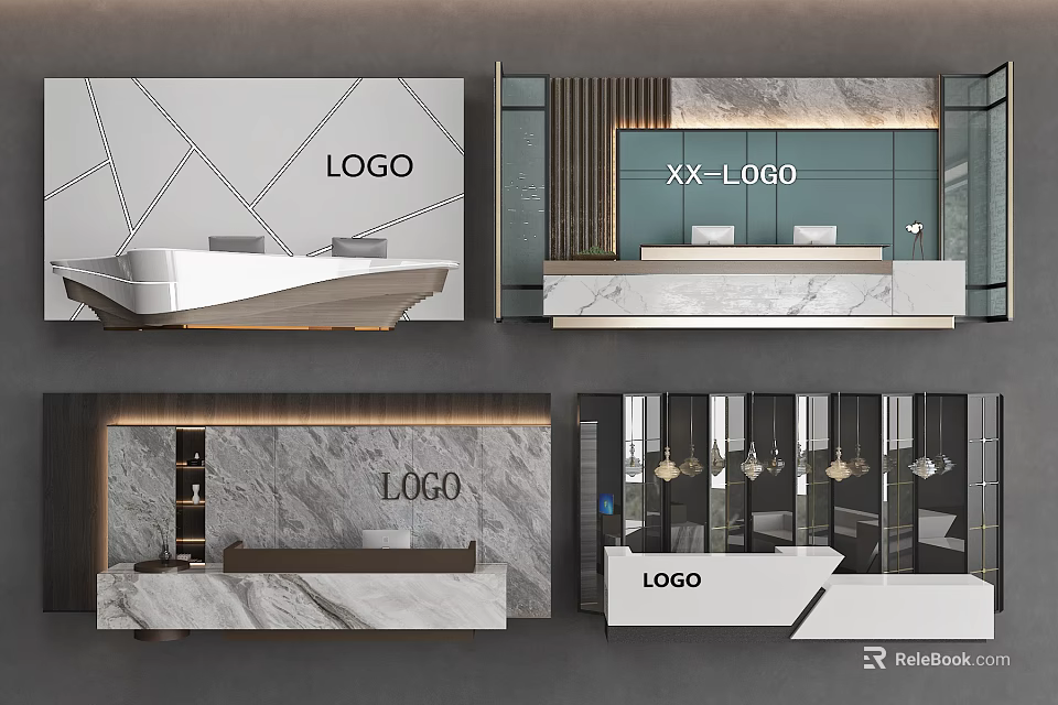 Modern Front Desk Background Wall Featuring LOGO Marble Counter and Geometric Patterns 3d model 