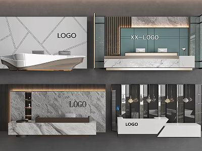 Modern Front Desk Background Wall Featuring LOGO Marble Counter and Geometric Patterns 3d model