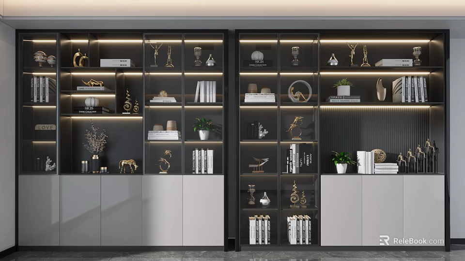 Modern Multi Layered Bookcase With Glass Doors Featuring Books Decorations Plants And Lighting 3d model 