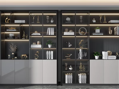 Modern Multi Layered Bookcase With Glass Doors Featuring Books Decorations Plants And Lighting 3d model