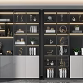 Modern Multi Layered Bookcase With Glass Doors Featuring Books Decorations Plants And Lighting