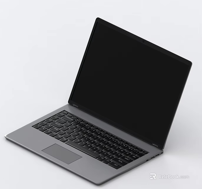 Open Silver Laptop with Black Screen and Keyboard on White Background 3d model 