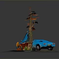 Blue Car with Open Top Near Tree with Orange Flowers Red Chair and Grass