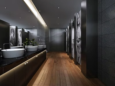 Modern Public Restroom Featuring Open Washbasins Marble Countertops Mirrored Walls And Wooden Flooring 3d model