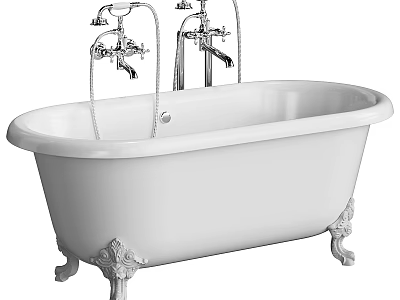 Vintage White Freestanding Bathtub Design With Chrome Faucets And Ornate Carved Feet 3d model