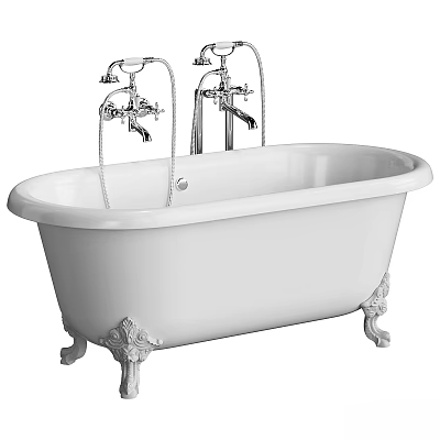 Vintage White Freestanding Bathtub Design With Chrome Faucets And Ornate Carved Feet 3d model