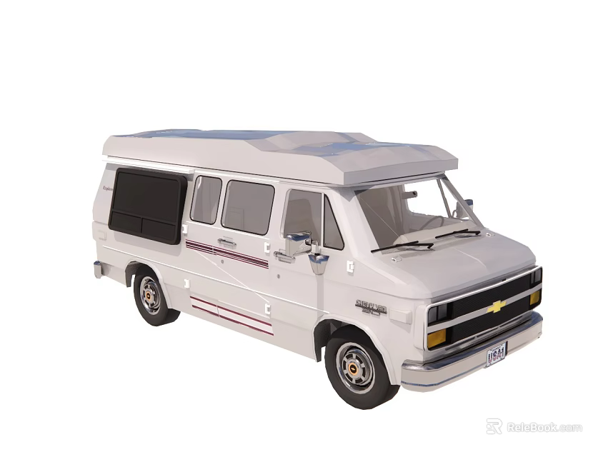 White Classic Chevrolet Van With Roof Rack Red Stripes And Side Windows 3d model 