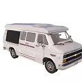 White Classic Chevrolet Van With Roof Rack Red Stripes And Side Windows