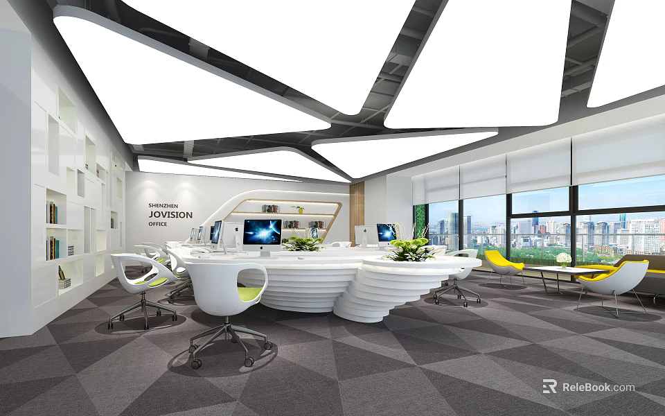 Modern Public Office Space With Round Desk White Chairs Green Plants And City View 3d model 