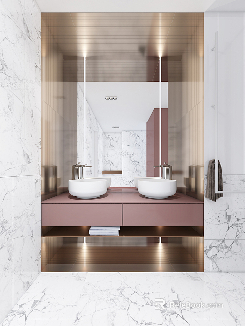 Modern Bathroom Vanity With Double White Washbasins Pink Countertop Marble Walls And Large Mirror 3d model 