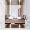 Modern Bathroom Vanity With Double White Washbasins Pink Countertop Marble Walls And Large Mirror