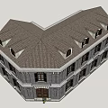 Historic Commercial Complex With Gray Brick Walls Brown Roof And Arched Windows