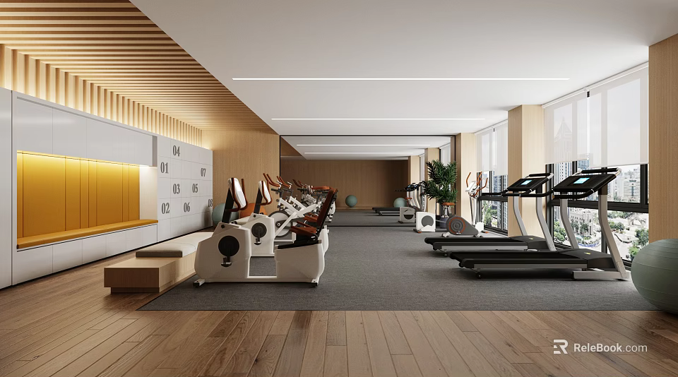 Spacious Modern Fitness Gym With Treadmills Exercise Equipment And Wooden Flooring 3d model 
