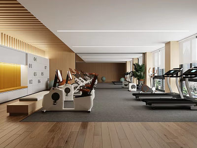 Spacious Modern Fitness Gym With Treadmills Exercise Equipment And Wooden Flooring 3d model