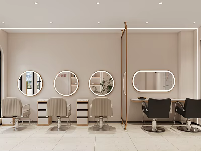 Modern Hair Salon Interior With Styling Chairs Round Mirrors And Workstations 3d model