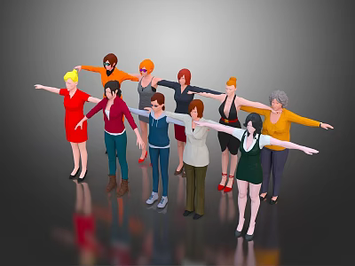 Group of People With Arms Outstretched Various Clothing Styles Different Hair Colors 3d model