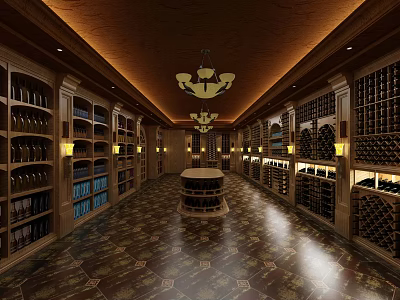 Luxurious Wine Cellar Interior Design With Wooden Wine Racks Chandeliers And Circular Centerpiece 3d model