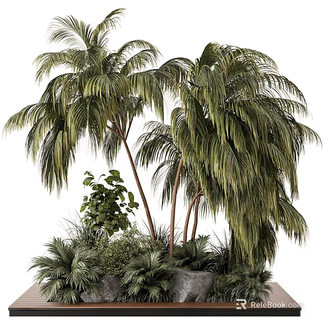 Outdoor Stone Planter With Palm Trees And Lush Green Landscape Plants 3d model 