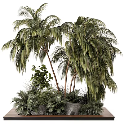 Outdoor Stone Planter With Palm Trees And Lush Green Landscape Plants 3d model