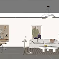 Modern Living And Dining Room With White Sofa Dining Table Pendant Light Decorative Painting And Area Rug
