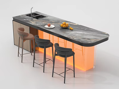Modern Bar Counter with Black Marble Top Sink Fruits and Orange Illuminated Base 3d model