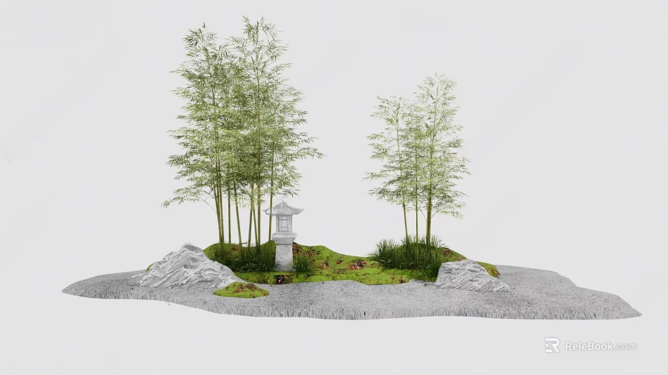 Tall Bamboo Plants in Japanese Garden with Stone Lantern Rocks and Grass 3d model 