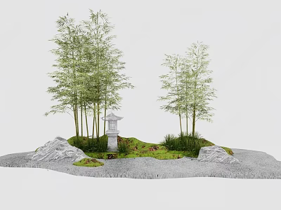 Tall Bamboo Plants in Japanese Garden with Stone Lantern Rocks and Grass 3d model