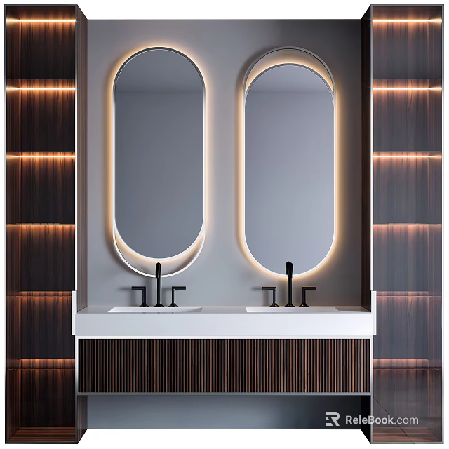 Modern Bathroom Vanity With Double Oval Mirrors Light Strips And Wooden Walls 3d model 