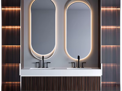Modern Bathroom Vanity With Double Oval Mirrors Light Strips And Wooden Walls 3d model