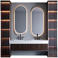Modern Bathroom Vanity With Double Oval Mirrors Light Strips And Wooden Walls