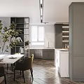 Elegant Modern Kitchen Interior With Gray Cabinets Wooden Island And White Countertop