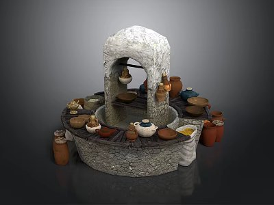 Traditional Stone Circular Pottery Workstation With Arch Top And Ceramic Pots Bowls 3d model