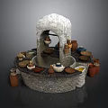 Traditional Stone Circular Pottery Workstation With Arch Top And Ceramic Pots Bowls