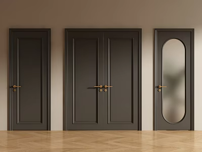 Modern Black Double Doors With Golden Handles In Light Colored Walls And Wooden Floor 3d model