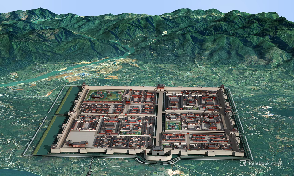 Aerial Planning of Ancient Palace Complex With Symmetrical Layout Surrounded by Mountains and Rivers 3d model 
