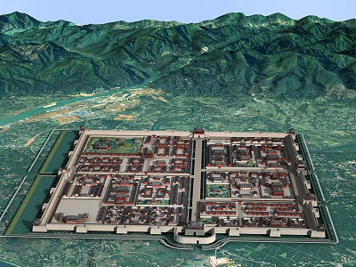 Aerial Planning of Ancient Palace Complex With Symmetrical Layout Surrounded by Mountains and Rivers 3d model
