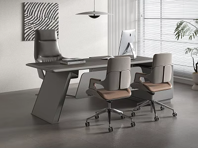 Modern Office Desk Interior With Ergonomic Chairs Computer Monitor Abstract Wall Art And Potted Plant 3d model