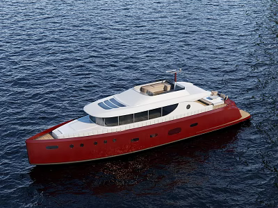 Elegant Wooden Boat With Red And White Exterior Floating On Calm Water 3d model