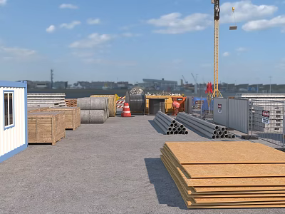 Busy Construction Site With Stacked Wooden Boards Metal Pipes Tower Crane And Container Office 3d model