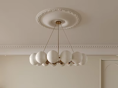 Modern Chandelier with White Globe Lights Gold Chains and Ceiling Medallion in Interior 3d model